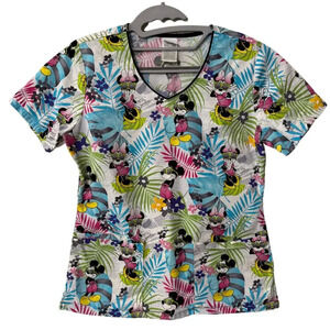 DISNEY Tropical Hawaiian Minnie Mickey Mouse Scrubs Top Tee Cotton EUC Small